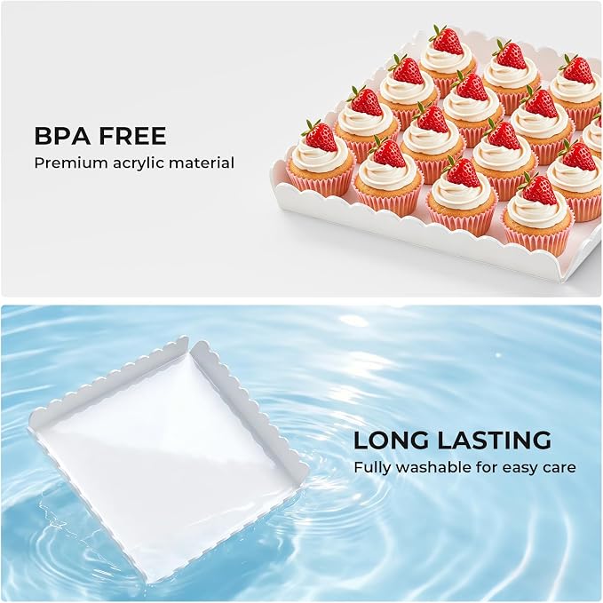 3 Pack Acrylic Serving Trays, 11.6 x 11.6 Inch Scalloped Serving Platter for Food Coffee Fruit, Glossy White Acrylic Dessert Catering Drink Tray for Party Table, Cupcake Plates for Birthday Party