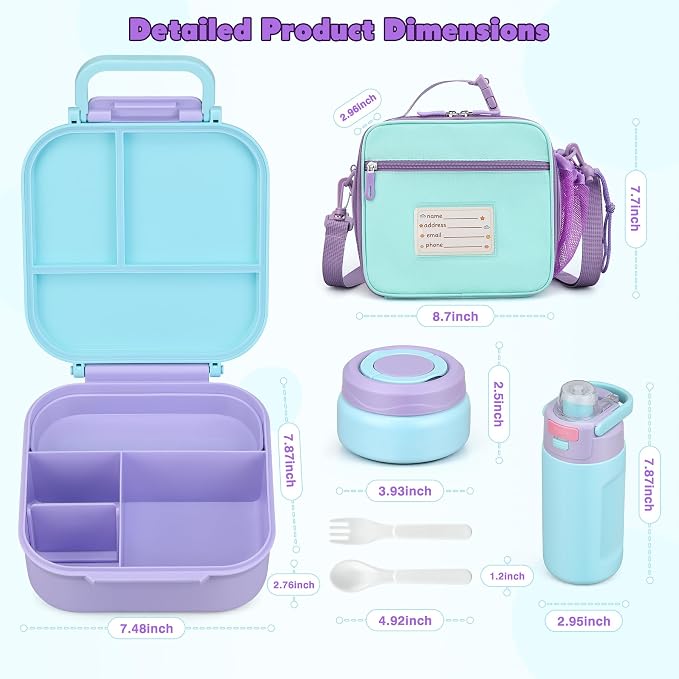 Bento Lunch Box for Kids with 7oz Soup Thermo,Insulated Stainless Steel Kids Water Bottle with Straw and Insulated Lunch Bag,Leak-Proof Lunch Food Container with Ice Pack for School(Purple)