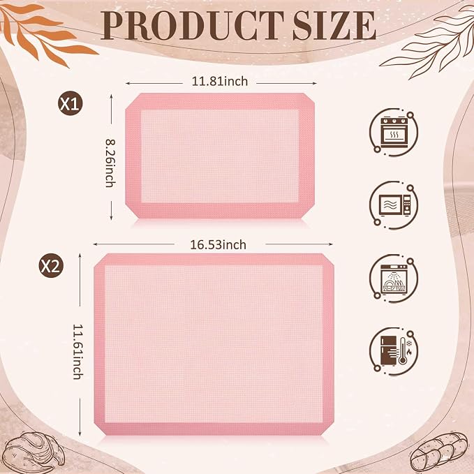 3 Pack Perforated Baking Mats, Eclair Pink Silicone Nonstick Mats | 2 Half Sheets & 1 Quarter Sheet, Pink Reusable Oven Liners, Baking Supplies for Cookies Bread Pizza Pastry, 16.5" x 11.6"