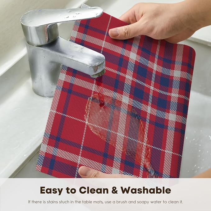Artoid Mode Red Striped Check Memorial Day Vinyl Placemats Set of 4,Heat Resistant Non-Slip Woven Plastic PVC Place Mats for Party Kitchen Dining Decor