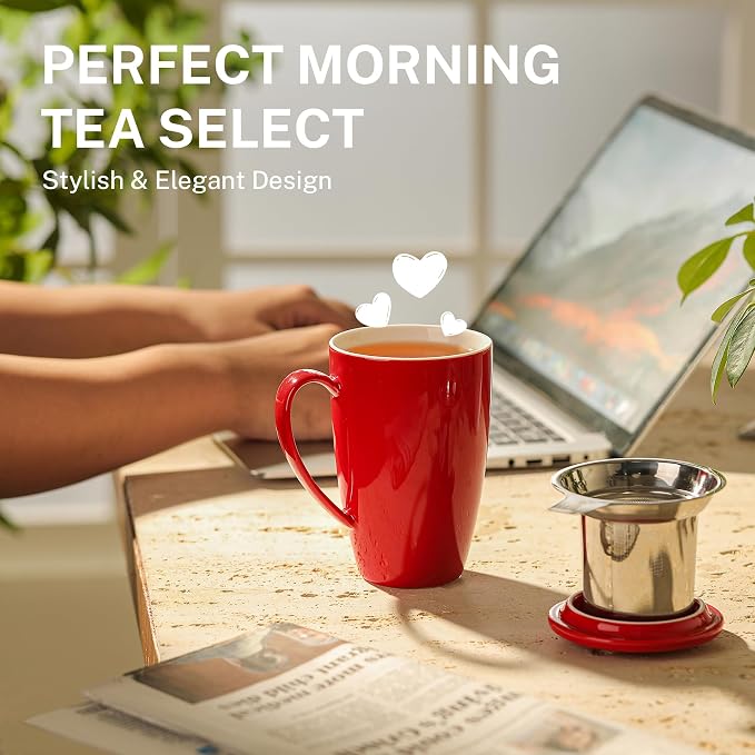 Sweese 15 OZ Porcelain Tea Mug with Infuser and Lid, Loose Leaf Tea Cup, Gifts for Tea Lover, Red