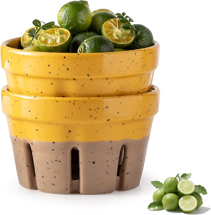 Gomakren Ceramic Berry Bowls with Holes Set of 2 for Fridge Yellow + Brown | Drain holes keep berries fresh, stackable, wash & serve, round strawberry basket for fridge kitchen counter, lovely home gift