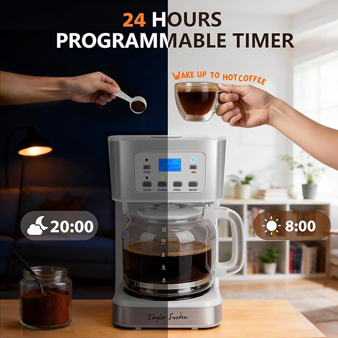 Taylor Swoden 12-Cup Programmable Coffee Maker, White & Stainless Steel | Regular & Strong Brew Drip Coffee Machine for Home and Office, Glass Carafe, Pause & Serve, Auto Shut Off