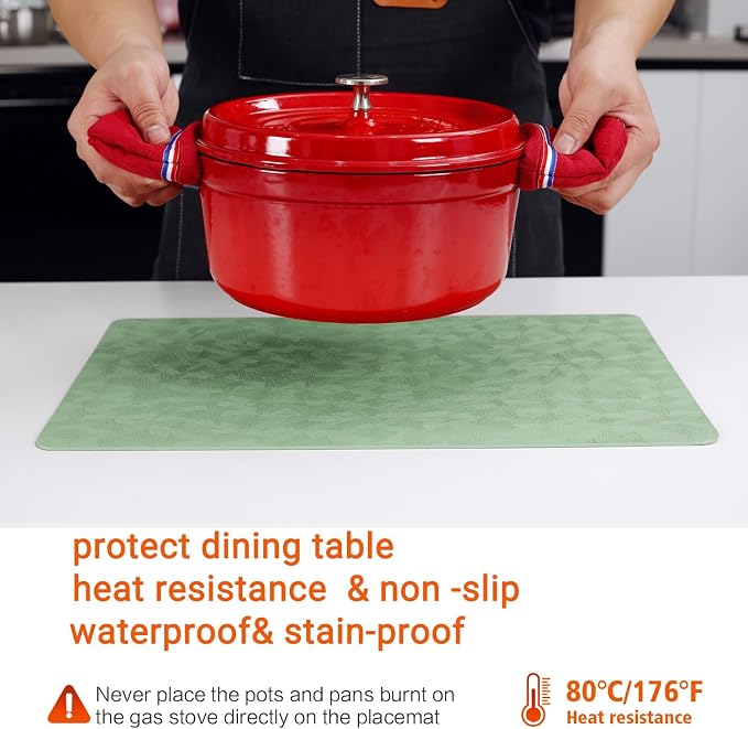 Green Vinyl Placemats Set of 4 Waterproof Wipeable Table Mats | Heat Resistant Easy Clean Place Mats Faux Leather Table Mats Washable PVC Table Placemats for Dining Table