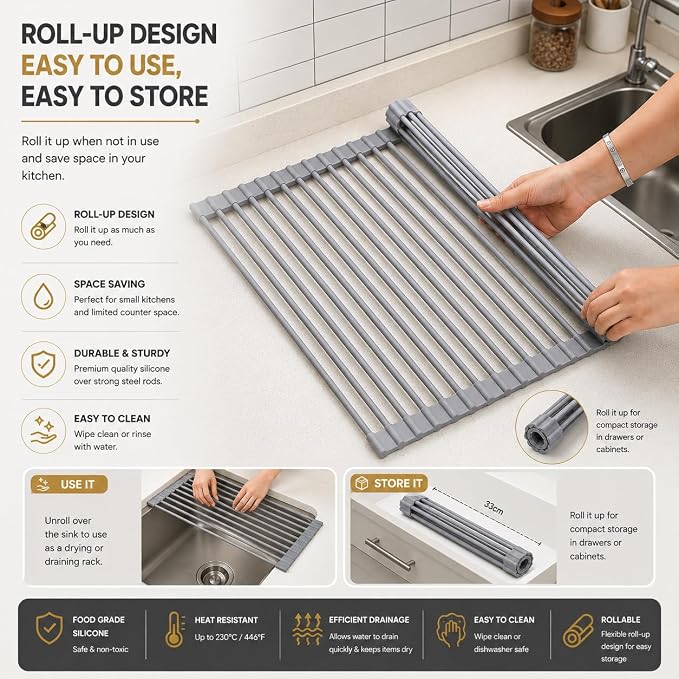 Roll Up Dish Drying Rack for Kitchen Sink, Silicone Wrapped Dish Drainer,Flodable Over Sink Drying Rack,Heat Resistant, Drain Mats, Space Saving, Multipurpose (Gray, Small)