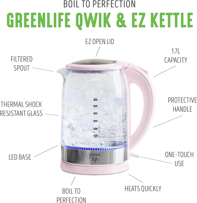 GreenLife 1.7 Liter Electric Glass Kettle, Pink | Glass Body, Auto Shutoff, Thermal Shock Resistant, Quick Heating, Easy One Touch Use, Cordless Serving, LED Base, Coffee/ Tea