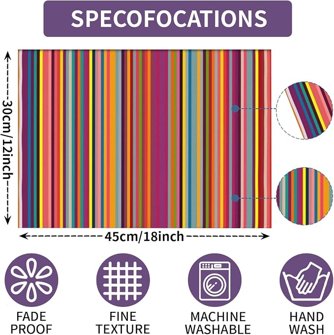 Bright Colorful Striped Placemats Set of 6, 12x18 Inch Rainbow Colored Geometric Pattern Table Mats for Holiday Party Kitchen Dining Room Decoration