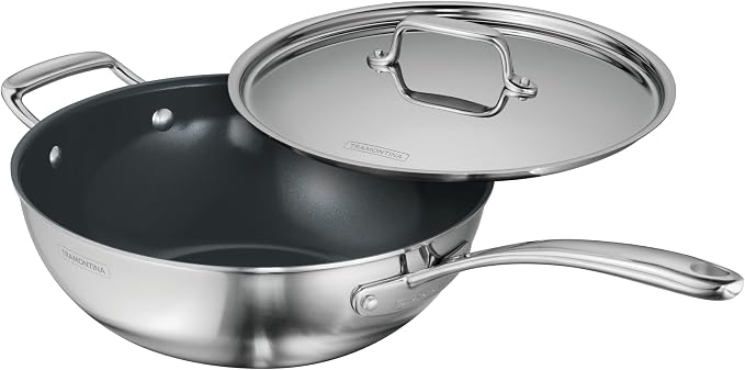 Tramontina Utsava Tri-Ply Clad Stainless Steel 3.75-Quart Wok with Lid | Ceramic Non Stick Interior, Induction-Ready Cooking Pan