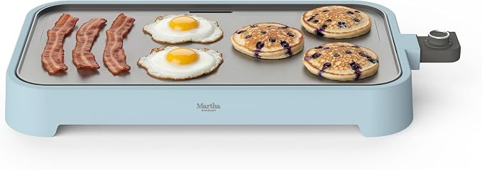 Martha Stewart 12"x 22" XL Electric Griddle, Ceramic Nonstick Flat Top | PFAS-Free Nonstick Grill, XL Cooking Surface for Pancakes & Eggs, Adjustable Temp Dial, Drip Tray, 1500W Heating, Sky Blue