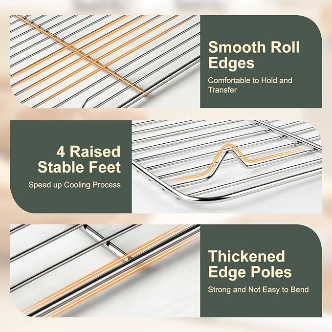 Stainless Steel Baking Sheet Tray Cooling Rack with Silicone Baking Mat Set, 9/12/16 Inch Cookie Sheet Baking Pan with Wire Rack Set, Set of 9 (3 Sheets + 3 Racks + 3 Mats), Heavy Duty & Rust Proof