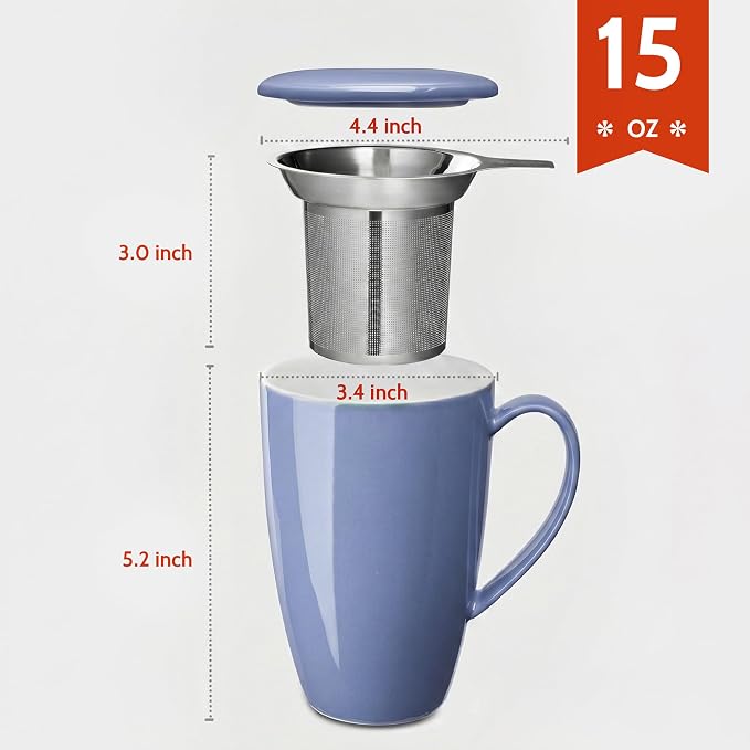 Sweese 15 OZ Porcelain Tea Mug with Infuser and Lid, Loose Leaf Tea Cup, Gifts for Tea Lover, Dusty Blue