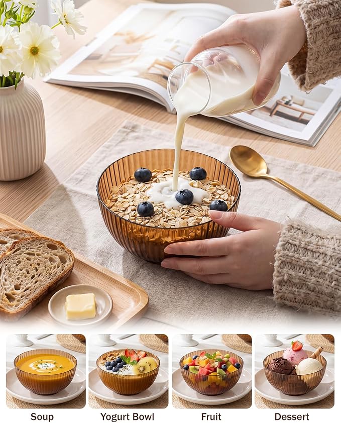 bUCLA 12 PCS Plastic Cereal Bowls Set - 28 Oz Clear Brown Disposable Vertical Stripes Serving Bowls for Snack, Salad, Dessert & Fruit