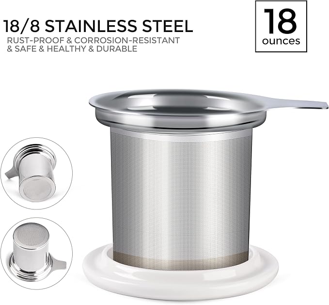 GBhome Tea Mug with Infuser and Lid,18 Ounce Ceramic Loose Leaf Cup Steeper | Lead-Free Glaze For Tea Lovers,Microwave & Dishwasher Safe with Tea Strainer