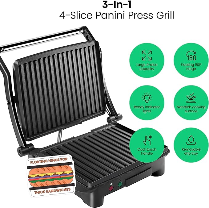 Chefman Panini Press Grill and Gourmet Sandwich Maker NonStick Coated Plates,Opens 180 Degrees to Fit Any Type or Size of Food,Stainless Steel Surface and Removable Drip Tray,4 Slice,Black,(Pack of 2)