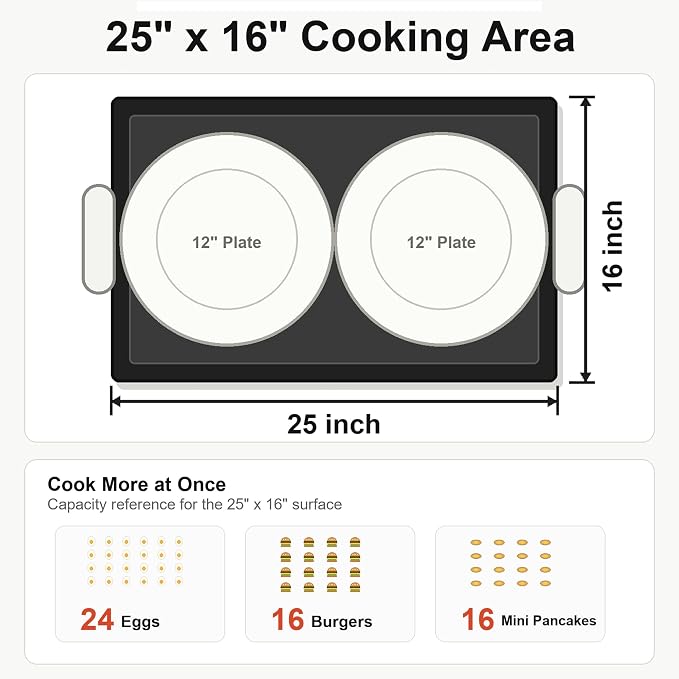 Utheer Cast Iron Griddle for Gas Grill, 25 x 16 Inch Flat Top Plate | Large cooking surface with removable handles, ideal for burgers, steaks, vegetables, camping and tailgating