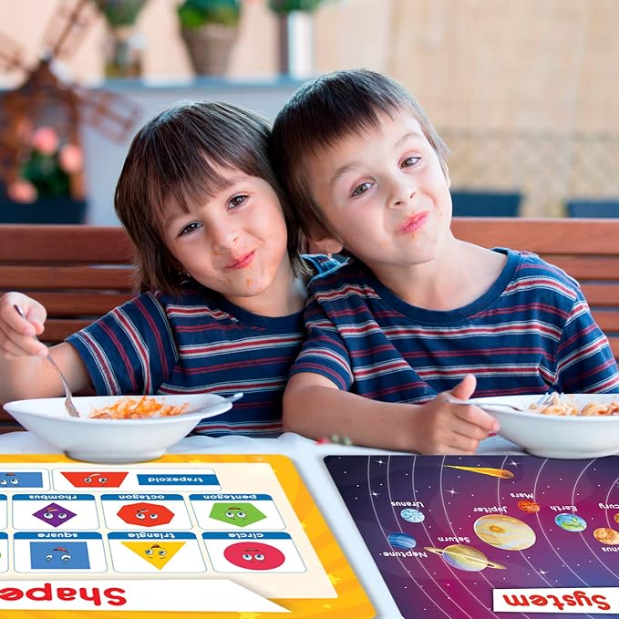 Simply Magic 5 Educational Placemats for Kids – Kids Placemats Non Slip | Washable Reusable Plastic Place Mats for Toddler, Alphabet ABC, Shapes, Colors, Numbers, Solar System Learning Place Mats