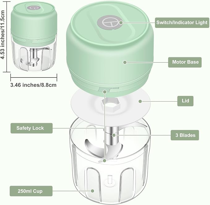 250ml (1 Cup) Electric Garlic Chopper, Green Portable Garlic Press | Wireless Mini Food Processor, Rechargeable Garlic Chopper Mincer for Ginger, Chili, Onion, Minced Meat and Spices