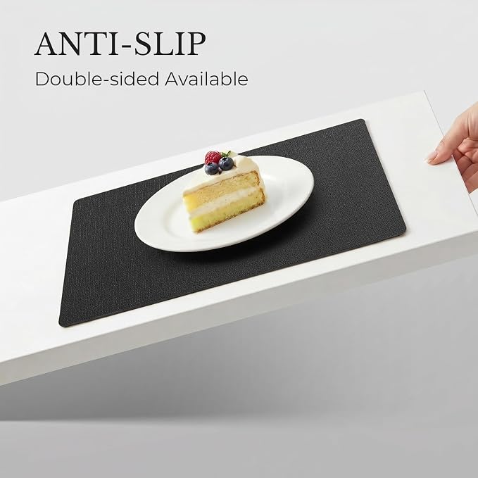 Romanstile Vinyl Placemats Set of 6, Reversible Faux Leather Heat Resistant Wipeable Table Mats, Waterproof Washable Non-Slip Table Placemats for Dining/Kitchen/Party/Outdoor (Black, 12" x 17")