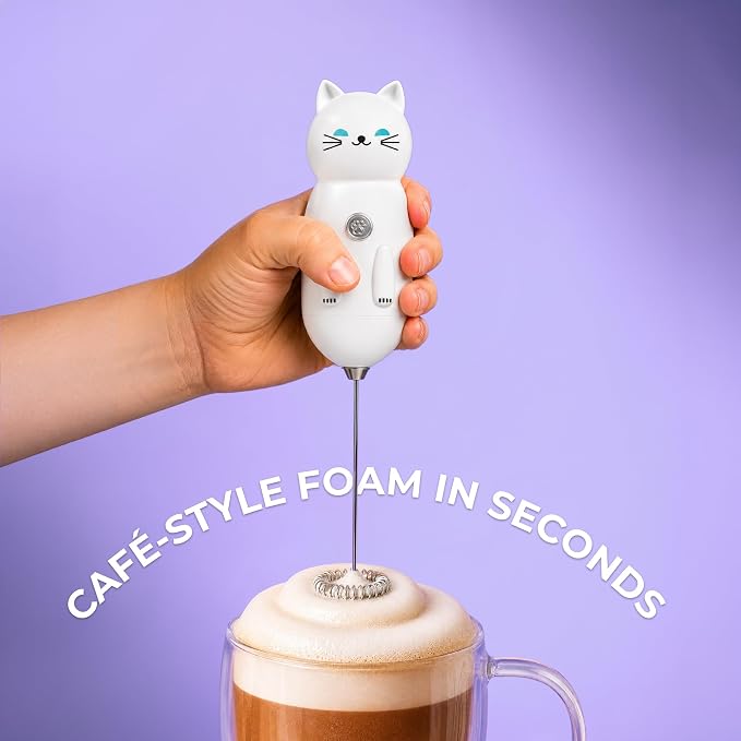 Zulay Kitchen Cat Milk Frother Wand – Cutesy Frother, Meet Your New Frothing Buddy Luna The Cat, Adoption Papers and Stickers Included, Purrr-fect for Lattes, Cappuccino & Matcha – White