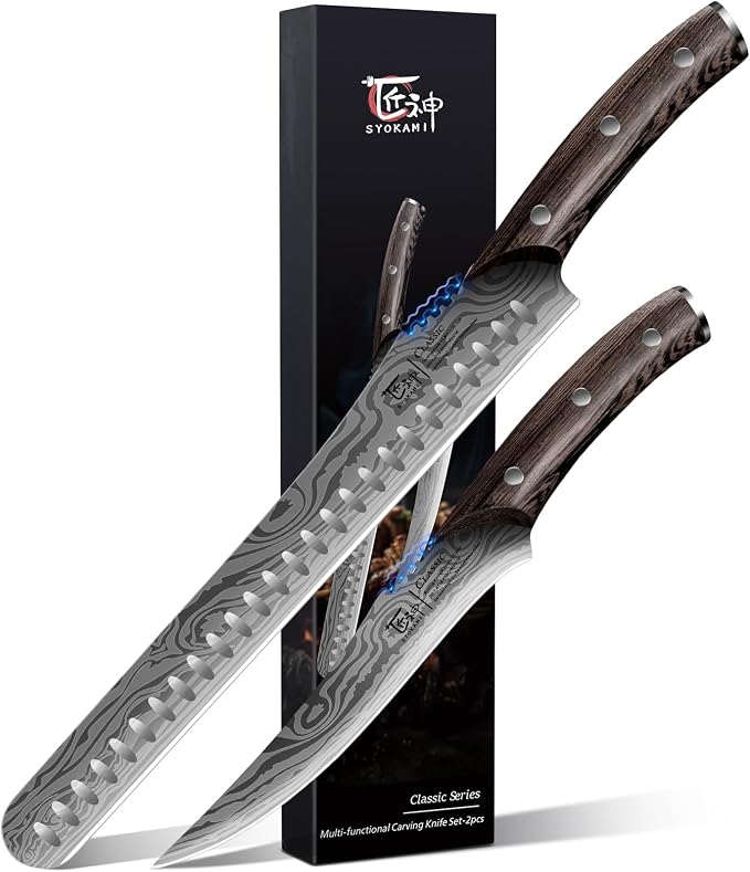 Brisket Slicing Knife Set, Carving & Boning Knife for Meat & Turkey | Japanese Style High Carbon Steel Kitchen Knives Set for Home & BBQ, Wenge Wood Ergonomic Full Tang Handle, Ideal for Gift