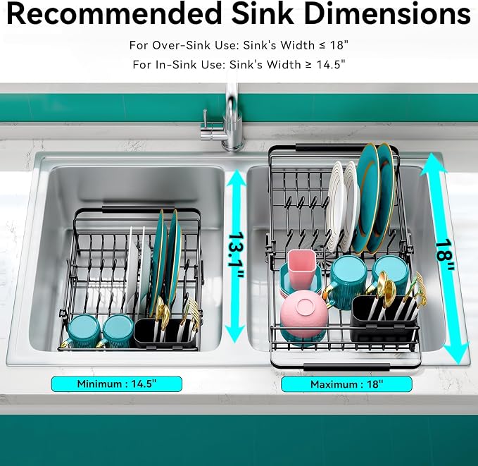 Urackify Expandable Stainless Steel in Sink Dish Drying Rack | Expandable design fits 13"-18" sinks. Rustproof stainless steel construction. In-sink rack with utensil holder.