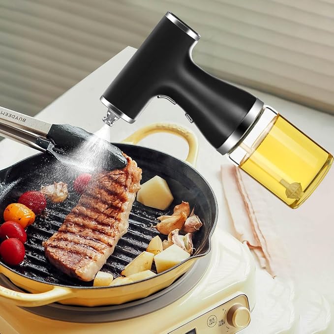 2-in-1 Electric Oil Sprayer Dispenser Automatic Olive Oil Misting Spray Stream Jet 9oz/260ml Glass Bottle for Cooking, Salad, Air Frying, Baking, BBQ, Built-in Rechargeable Battery (Black)