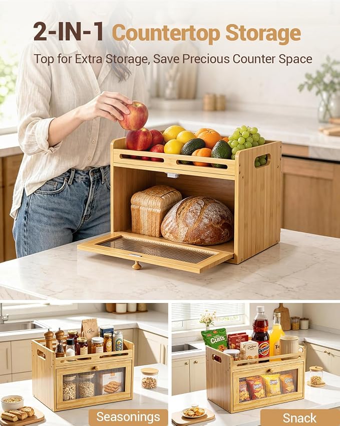 Bread Box for Kitchen Countertop, Bamboo Bread Storage Container with Raised-Rail Top Shelf and Acrylic Window, Farmhouse Breadbox Organizer for Pantry, Fruit, Spices