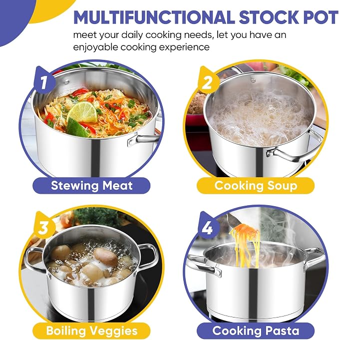 TeamFar 8QT Stock Pot with Lid, Stainless Steel Tri-ply Bottom Cooking Pot | for Vegetable Pasta Soup, Works with Induction/Gas/Glass/Ceramic Stoves, Non-toxic & Sturdy, Straight Side & Riveted Handles