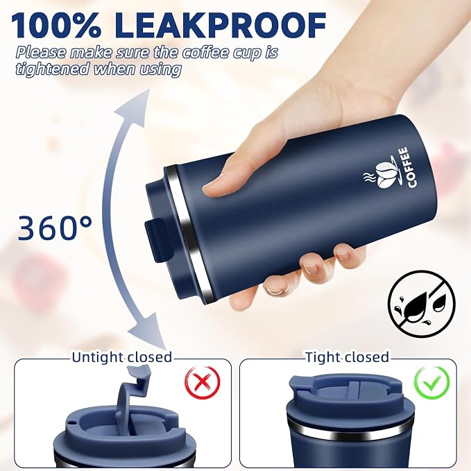 Insulated Travel Coffee Mug Reusable Coffee Tumbler Cup with Flip Lid Leak Proof Spill Proof for Office School Party Camping Hot and Cold Drink,Stainless Steel 17oz (Navy Blue)