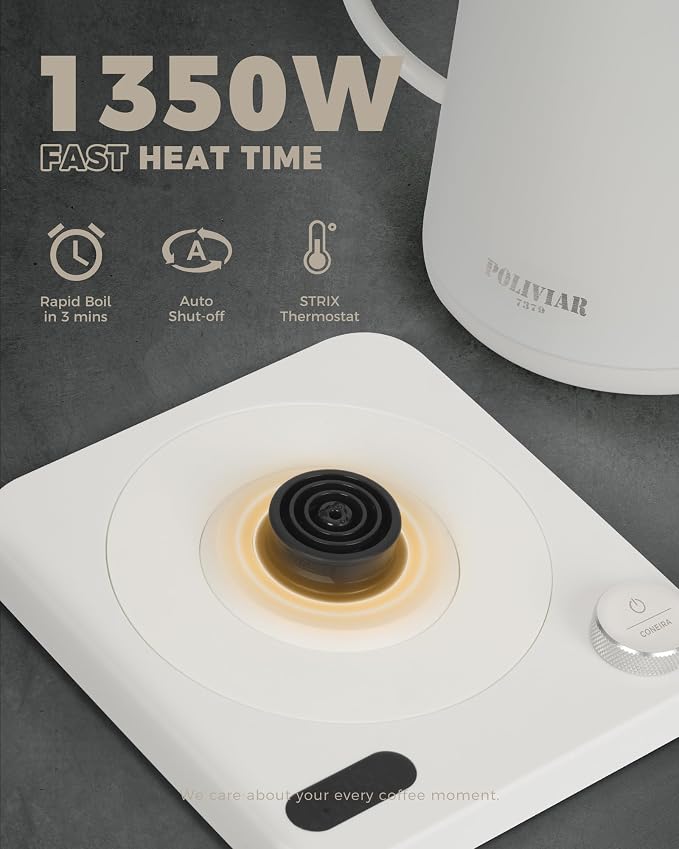 POLIVIAR Electric Gooseneck Kettle, Wood Pattern Handle, White | 1350W, 34oz Pour Over Electric Tea Kettle for Coffee & Tea, 18/8 Stainless Steel Inner, Temperature Control, Rapid Heating