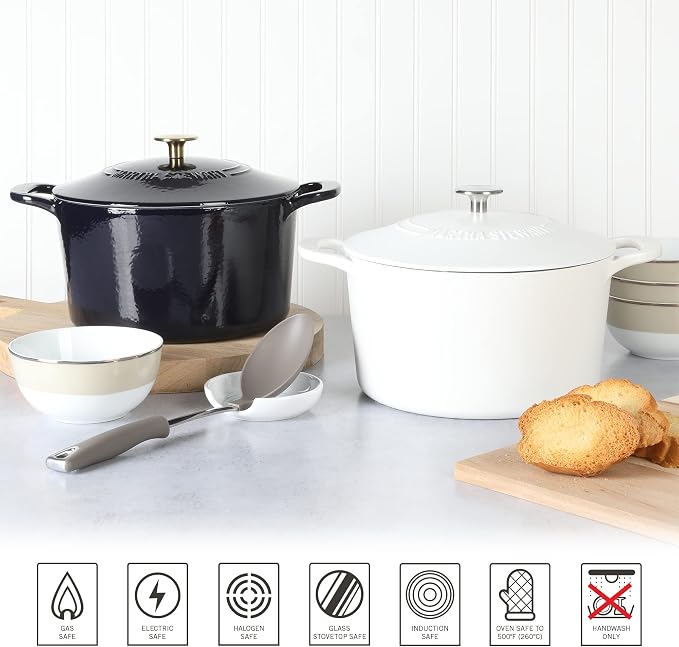 MARTHA STEWART Gatwick 7-Quart Enamel Cast Iron Dutch Oven Pot with Lid – Navy Blue with Gold Knob – Durable Heavy-Duty Dutch Oven for Slow Cooking & Braising