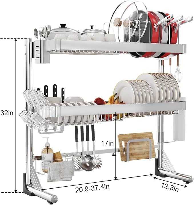 Over The Sink Dish Drainer Drying Rack 3 Tier, Full Stainless Steel Dish Drying Rack Adjustable Length 20.9''-37.4'' , Kitchen Sink Shelf, Organized Space-Saving Dish Rack with Pots and Pans Rack