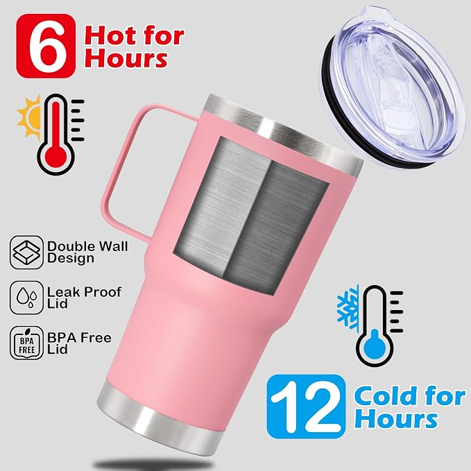20 oz Tumbler with Handle Coffee Tumblers with Lid Travel Mug Pink 6P | 20oz Tumblers with Handle Double-Wall Insulated Vacuum Coffee Mugs Stainless Steel Tumbler with Handles&Lid Pink 6P