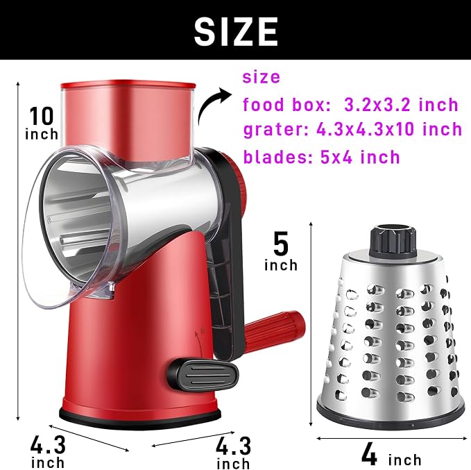 Weltonhm 4 in 1 Large Rotary Cheese Grater Hand Crank (Red black 4 Graters) | Cheese Shredder Rotary and Slicer with 4 Stainless Steel Blades for Vegetables, Veggie and Cheese, Stronger Suction Base