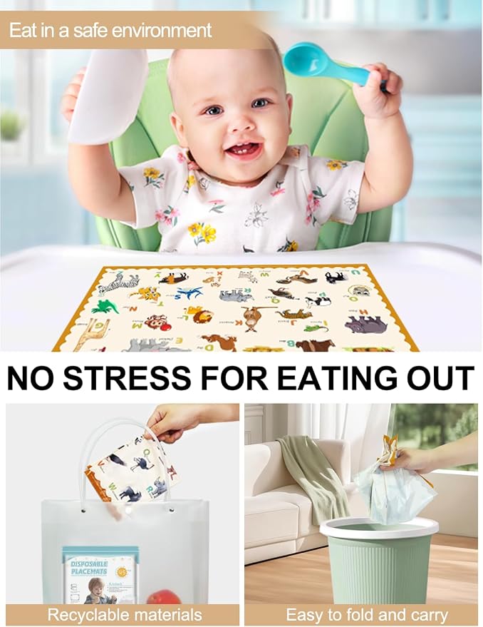 65 Pack Sticky Disposable Placemats for Baby & Toddlers,Toddler Placemat 12"x18" Kids Table Mat for Party, Picnic Table, Restaurants Dining Table Travel Essentials for Toddlers with 5 Designs