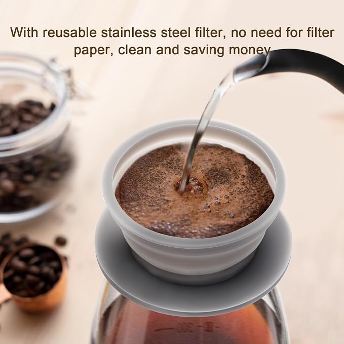 Set of 2 Paperless Collapsible Travel Pour Over Coffee Dripper Kit - Silicone Travel Pour Over Coffee Maker Camping - Collapsible Coffee Filter with Stainless Steel Filter (Brown+Grey)