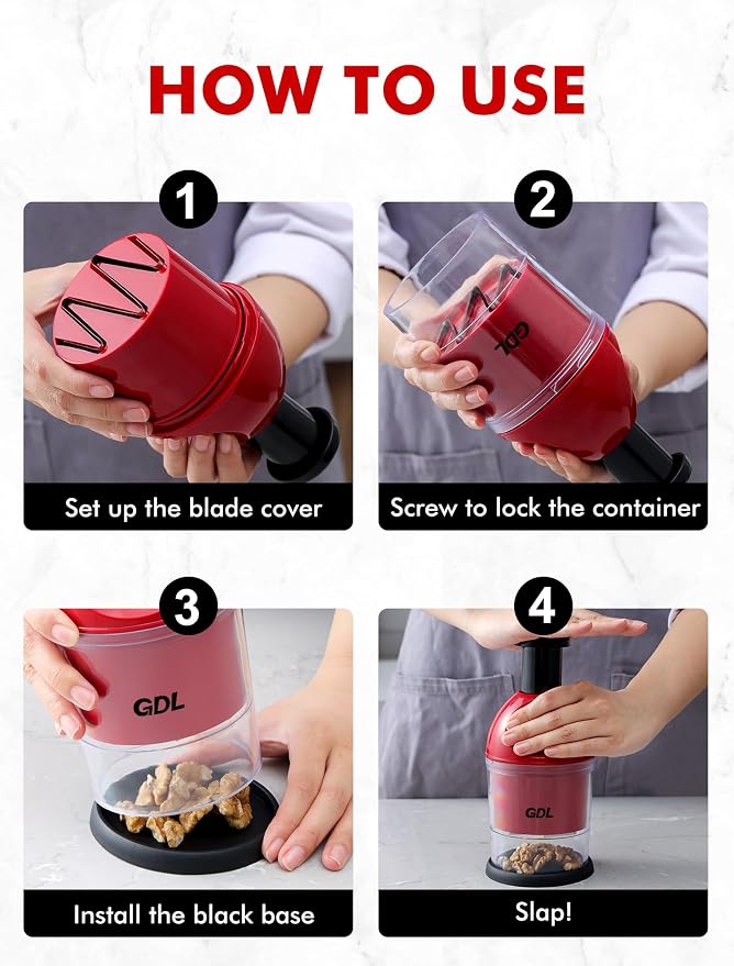 GDL Food Chopper, Manual Slap Vegetable Chopper Onion Dicer, Garlic Mincer | Hand Chopper for Onion Nut Pepper Celery Tomato, Easy & Safe Chopping, No BPA, Durable Stainless Steel Blade, Dishwasher Safe