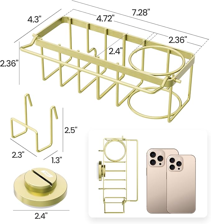 TAILI 4-in-1 Sink Sponge Holder for Kitchen with Strong Suction Cup-Gold | Removable Sink Caddy with Suction Cup, Rustproof 304 Stainless Steel Multi-compartment Sink Organizer for Sponge, Brushes