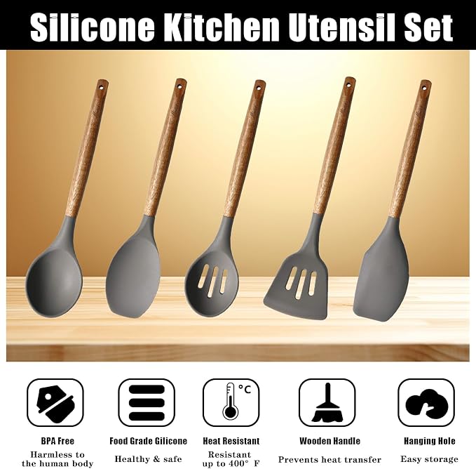 Kitchen Utensils Set, Silicone Cooking Utensils Set,Non-Stick Silicone Spatula Set with Natural Acacia Hard Wood Handle, 5 Piece, Upgraded Thickened Cookware