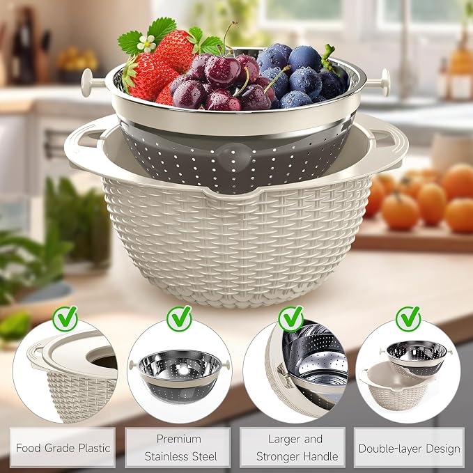 4-1 Colander with Bowl & Spoons Set - Rotatable Colander for kitchen with New Upgraded Graters, Food Strainer(Patented) for Pasta, Fruits, Vegetables, Funny Presents for Women, Beige