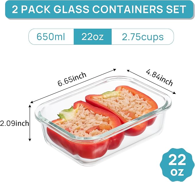 Vtopmart 2Pack 22oz Glass Storage Containers with Lids | Glass Meal Prep Food Container Sets, Snap Airtight Lid, For Microwave, Oven, Freezer and Dishwasher Safe, BPA Free