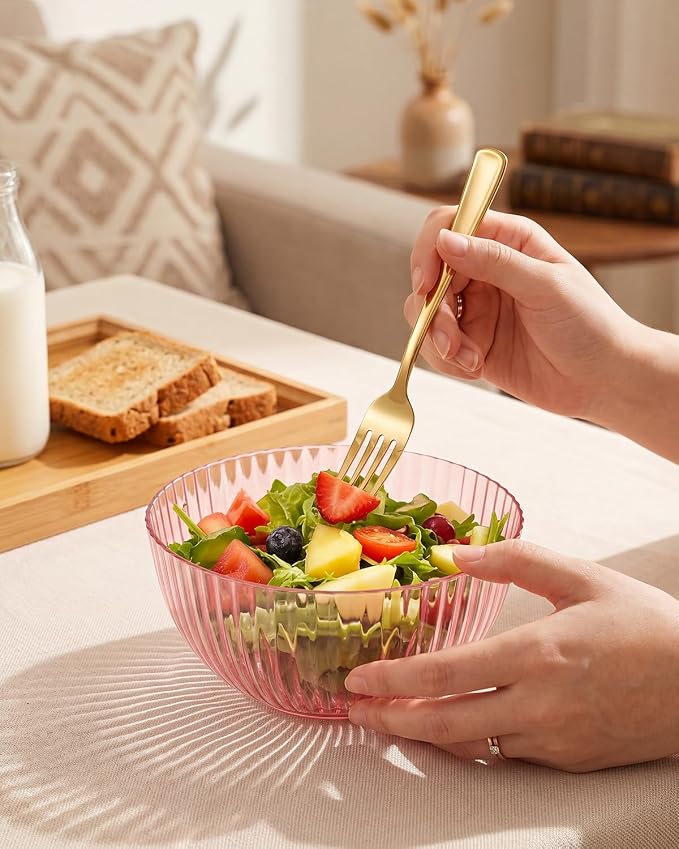 bUCLA 12 PCS Plastic Cereal Bowls Set - 28 Oz Clear Pink Disposable Vertical Stripes Serving Bowls for Snack, Salad, Dessert & Fruit