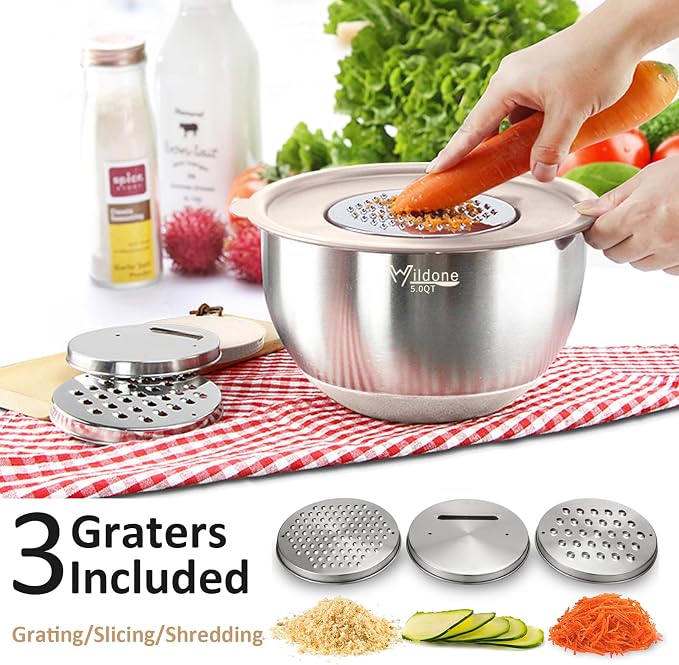 Wildone Mixing Bowls with Airtight Lids, Stainless Steel Nesting Bowls Set | Metal Bowls with 3 Grater Attachments, Non-Slip Bottom, Size 5, 4, 3, 2, 1.5, 1, 0.63QT, Include Utensil Set for Prep, Khaki