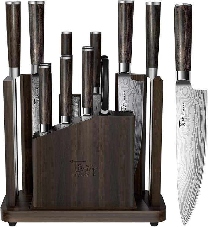 15-Piece Kitchen Knife Set with Magnetic Block, New for 2026 | Detachable Steak Knife Block for Table Service, Built-In Sharpener, Wood Handle, Damascus Pattern, Housewarming Gifts