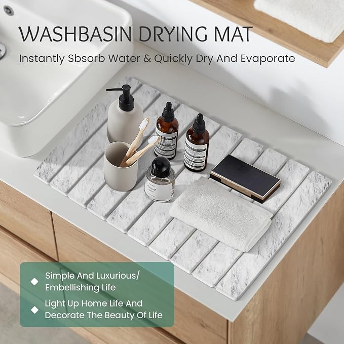 Stone Dish Drying Mat Collapsible Diatomaceous Earth Absorbent Mat Quick Dish Drying Pad Dish Rack Pad Match Any Counterto Multiple Usage for Kitchen,Bathroom (Light-Gray Frosted Pattern, 24"L x 16"W)