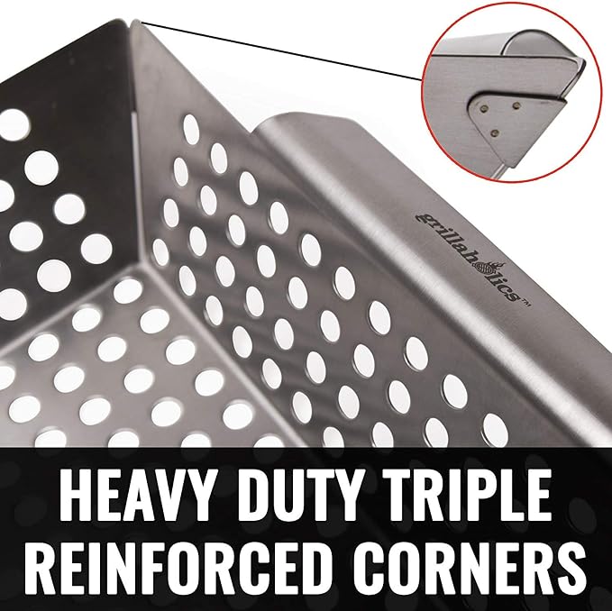 Grill Basket for Outdoor Grill - Durable Premium Stainless Steel Vegetable Grill Basket - XL Family Size BBQ Grill Basket - Perfect Grilling Accessories for Veggies, Fish, Shrimp & Kebabs | Family-Sized | Dishwasher Safe | Stainless Steel | Includes Ha...