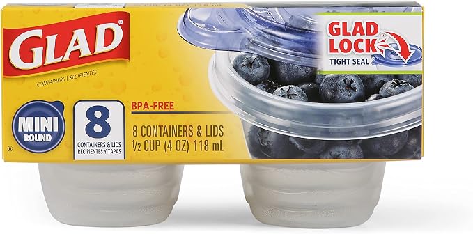 Glad GladWare Mini Round Food Storage Containers, 4 Oz, 8 Count, 12-Pack | BPA-free, lock-tight seal for snacks, portion control, and on-the-go; reusable and stackable