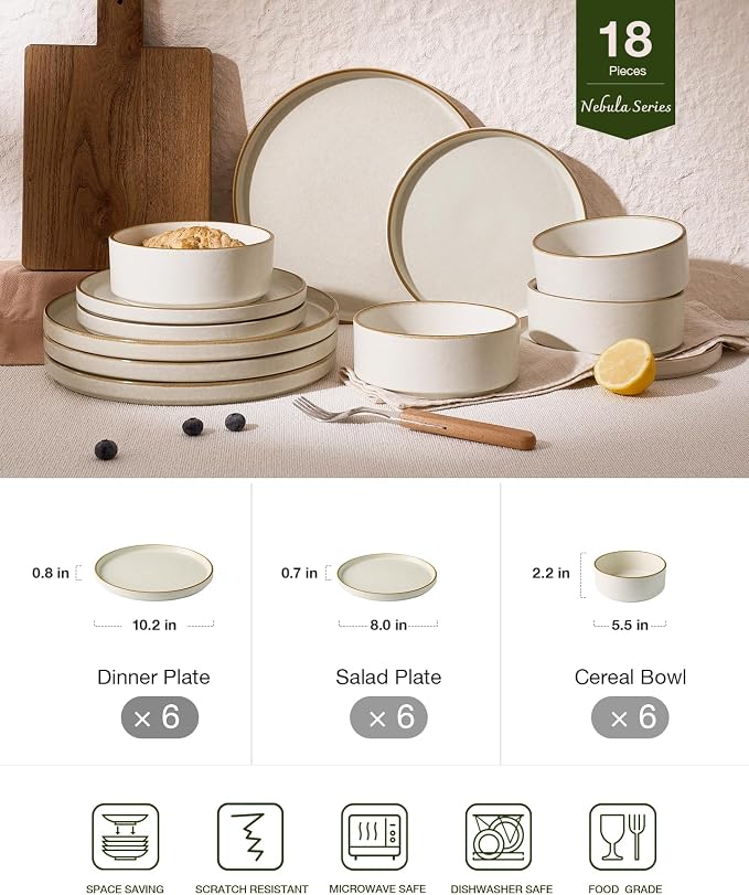 Famiware Nebula 18-Piece Dinnerware Set, Matte Beige White with Brown Rim | Stoneware Plates and Bowls, Handmade Reactive Glaze, Microwave & Dishwasher Safe, Chip & Scratch Resistant