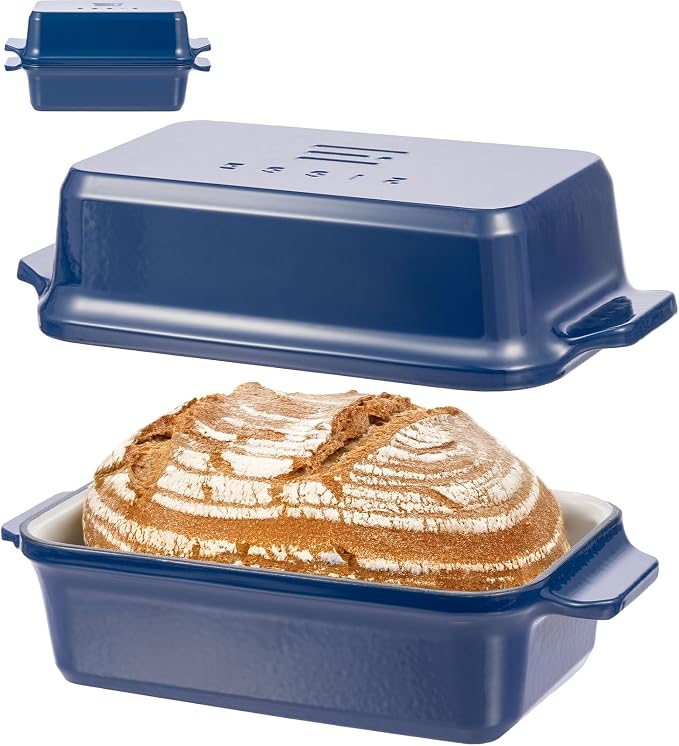 Enameled Cast Iron Dutch Oven for Bread Baking, 9×5 Dutch Oven Pot with Lid, 2 in 1 Sourdough Bread Pans for Baking with Lid, Roasting & Braising, Easy Release, Oven & Induction Safe (4.2 QT,Blue)