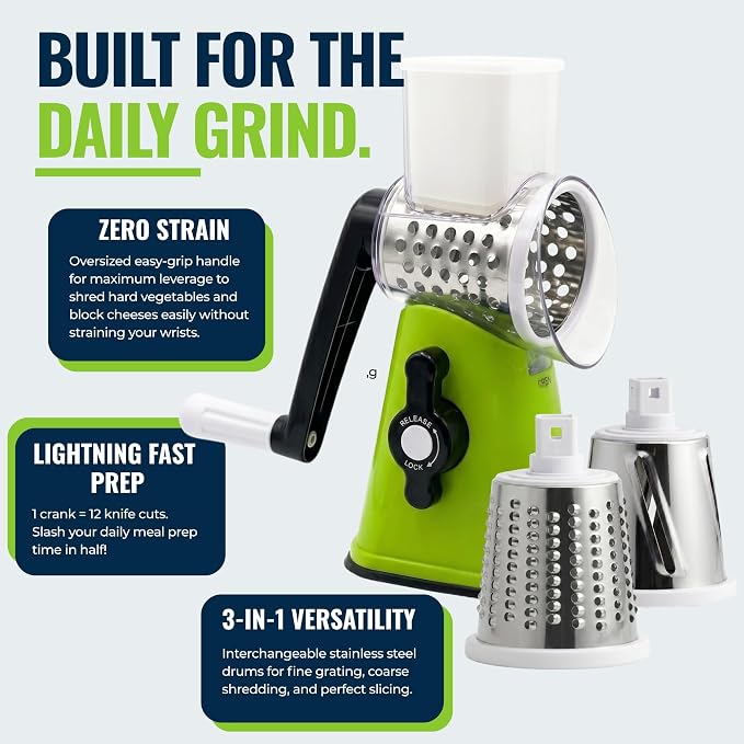 ICO Rotary Cheese Grater with Handle – Manual Vegetable Slicer & Round Shredder – 3 Interchangeable Stainless Steel Blades for Cheese, Nuts, Chocolate – Strong Suction Base Kitchen Mandoline